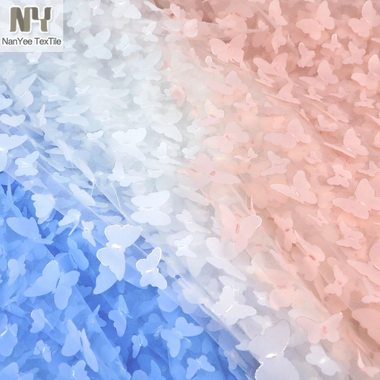 Nanyee Textile In Stock Butterflies Tulle Backing 3d Laser Embroidery Fabric