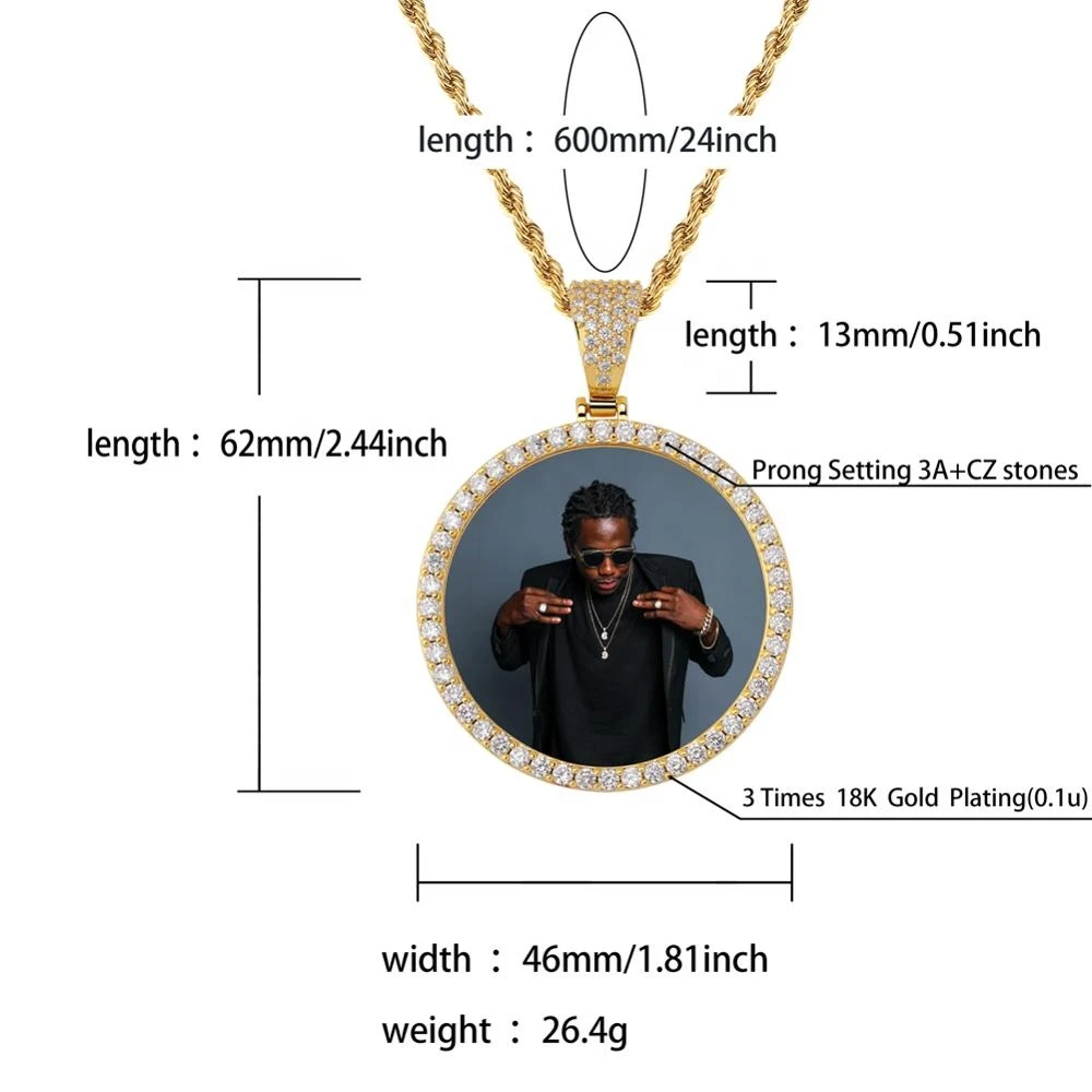 NEW Custom Ice out Large size 62 mm Image Picture Photo Big Round Pendant Necklaces Tennis Chains Cubic Zirconia Hip hop Jewelry