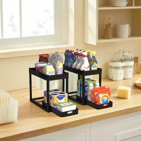 New Design 2-tier Sliding Cabinet Basket Rack Under Kitchen Sink Organizer Storage Holder & Rack Customized Logo Multifunction