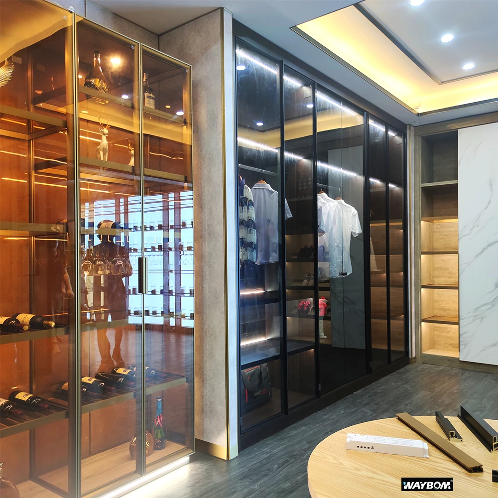 New Design Wardrobes Closet With Hinges Connector Bedroom Furniture Gold Aluminum Glass Silding Door