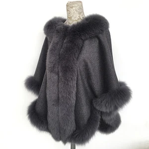 New Design Women Adult Fox Fur Trim Cashmere Shawl