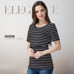 O-neck Black and white stripe nursing shirts short sleeveless breastfeeding clothes maternity clothing