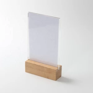 Plastic advertising tag sign card display stand wooden base table desk acrylic menu holder standee