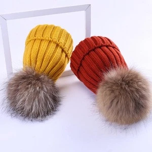 Real Raccoon Fur pompons Beanie Childrens Winter Hat  Womens Beanie Hat Crocheted Hat