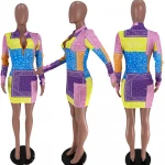 S-2XL Womens dress splicing print colorful stand collar comfortable slim simple atmosphere of cotton dress