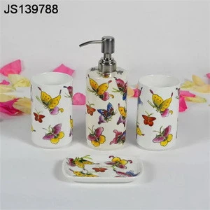 Set of 4 ceramic bath set butterfly emulsion dispenser, toothbrush holder &amp; toothbrush cup and soap holder