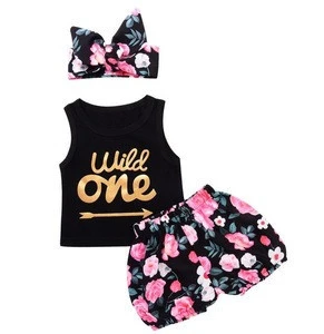 Sleeveless alphabet letter baby girls clothing sets kids clothes in china