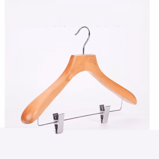 Luxury Wood Hangers: Natural Wooden Top Clothes Hangers with Chorme Clips and Wide Shoulder for Coat/Suit/Jacket/Hotels/Clothing Display