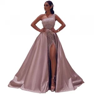 Sparkly Sequined Luxury High Side Split Women One Shoulder Detachable Long Train Evening Prom Dresses Bridesmaid Gowns Dresses