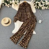 Spring Womens Korean Version Retro Leopard Casual Suit 2024 New Loose Fold Lapel Top + Wide-leg Trousers Sexy Two-piece Suit