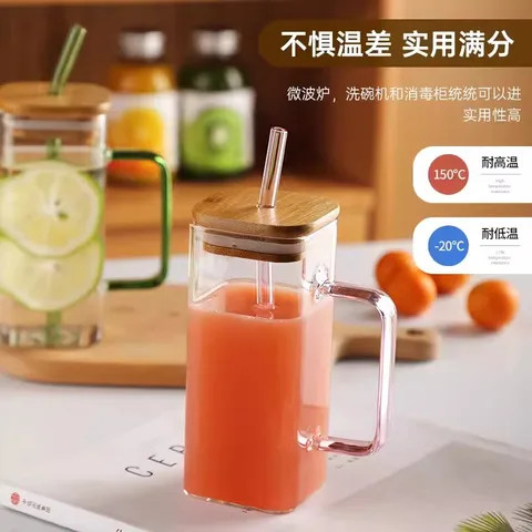 Buy Square Glass With Handle Glass Cup With Bamboo Lid And Straw Glass ...