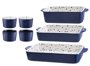 Top grade rectangle shape 3 size bakeware dish arttistic terrazzo design personalized ceramic bakeware set for sale
