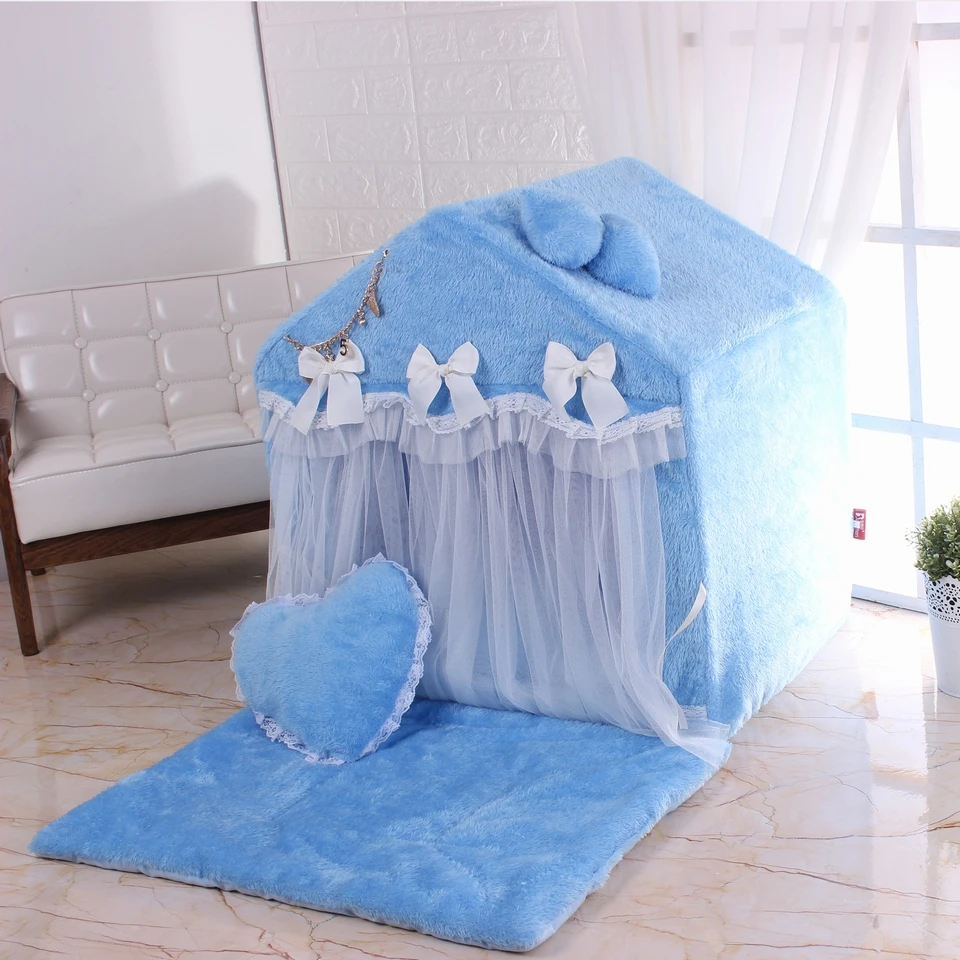 Warm and soft dog room lace door pet house cute kennel self-heating coral velvet kennel for easy cleaning