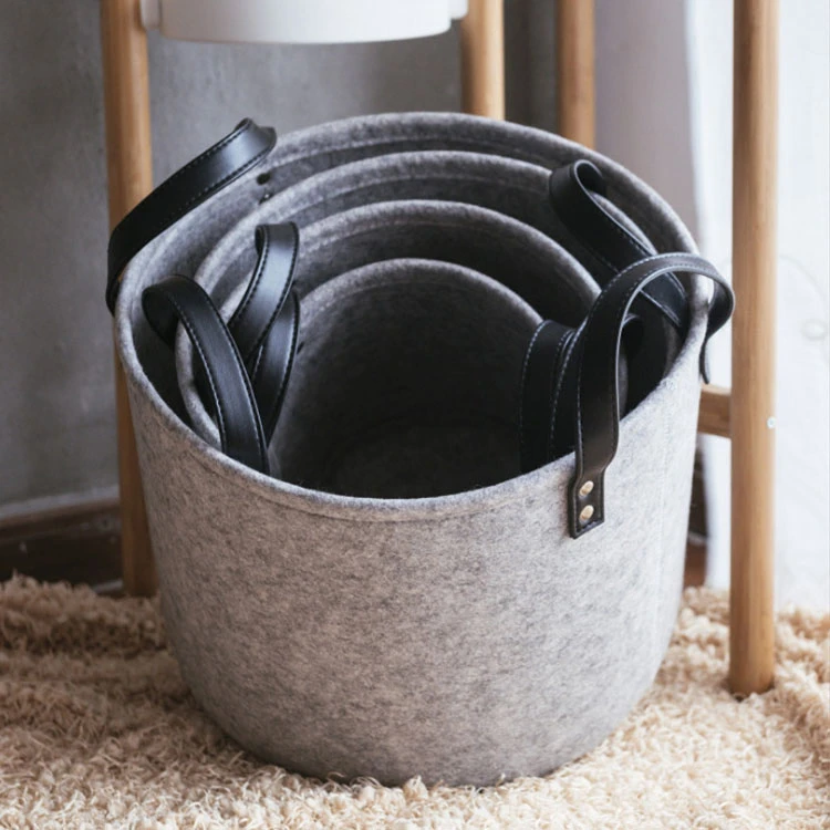 Wholesale foldable household laundry Felt storage basket with leather handle