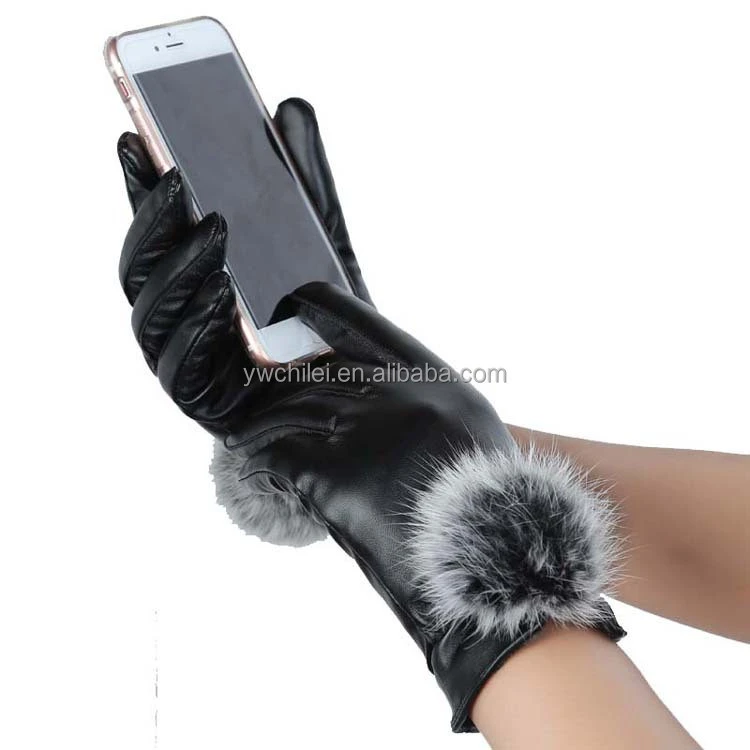 Women Girls Winter Soft Warm PU Leather Fur Balls Touch Screen Women Gloves