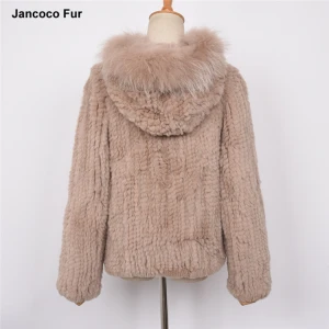 Women Real Knitted Fur Jacket Soft Genuine Fur Coat Rex Rabbit Fur Knitted Hooded Coat