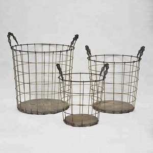 Wooden Bottom Antique vintage Industrial Metal Wire Storage Basket With Handle