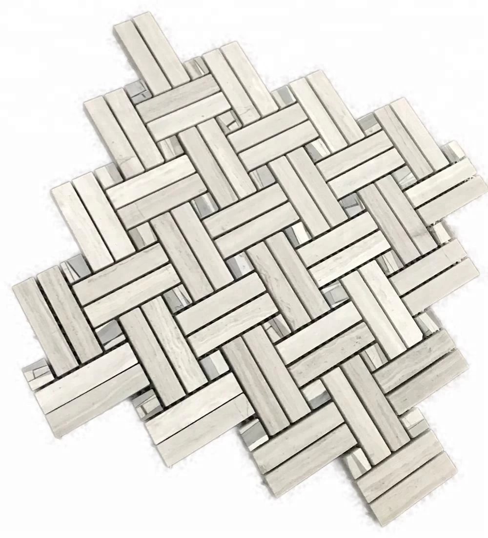Wooden Gray Marble 12 x 12 Basket Weave Polished Marble Mosaic Tile