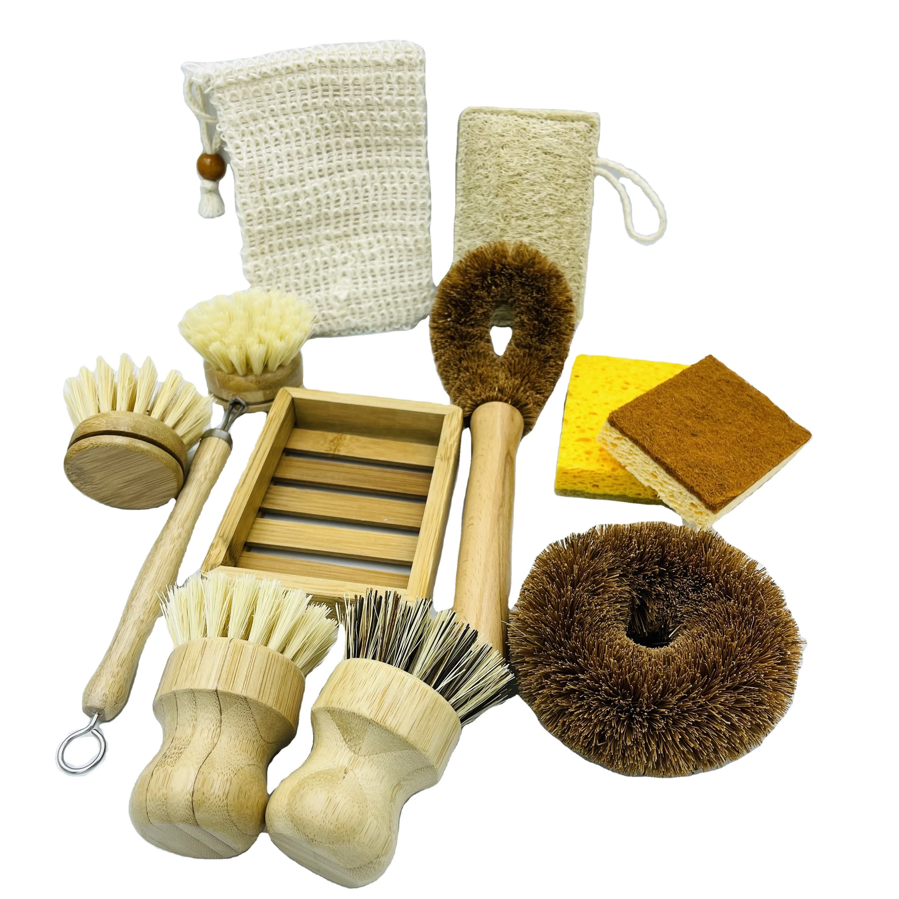 zero waste life sustainable household clean kitchen brush with wooden bamboo handles sisal coconut fiber dish pot brush