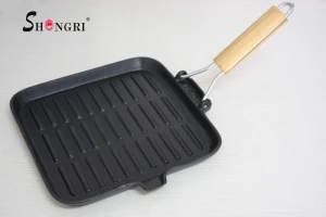 Square Cast Iron Grill Fry Frying Pan Skillet  With Folding Wood Handle