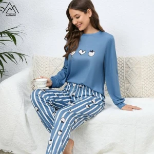 Cute Pattern Printed Sleepwear Pajamas Set for Women Men Kids Soft Cotton Thin Nigh Wear Casual Full Sleeve