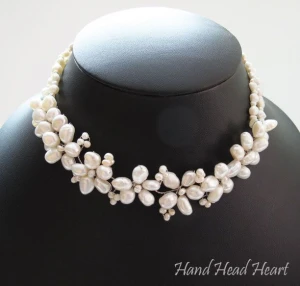Wedding style White Pearl and Shell Gem stone Flower Necklace with Earrings  SET Hand Made  PN20wh