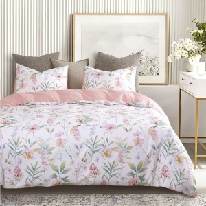 Floral Comforter Set, Flowers Leaves Botanical Plant Pattern Printed on White, Soft Microfiber Bedding set