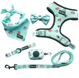 OEM accept adjustable dog collar leash and reversible harness set with dog bowtie