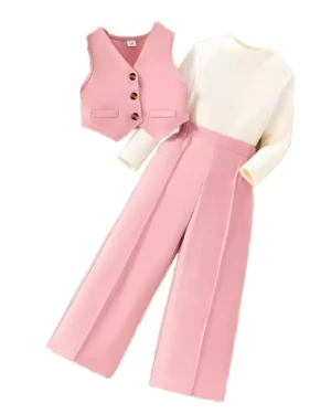 European Style Girls' Clothing Set Red Summer Woolen Fabric Casual Solid Long Sleeves Loose Wide Pants for Daily Use