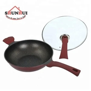 11-inch Cast Aluminum Marble Nonstick Wok Pan  30 cm Flat Bottom Chinese Wok With Induction bottom and upright glass cover