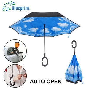2018 new products sky printing auto open reverse Inverted umbrella upside down