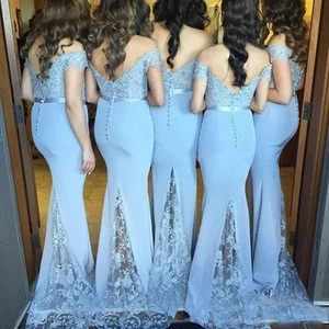 2018 Off Shoulder Light Sky Blue Long Bridesmaid Dresses Lace Beads Mermaid Prom Wedding Guest Dress