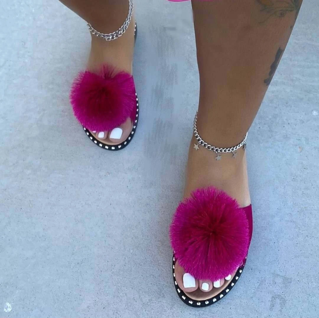 2 Strap Fur Slides, Indoor Outdoor Women Fur Slippers, Women Pink Fur Slides  Flats - China Women Sandals and Sexy Ladies Sandals price