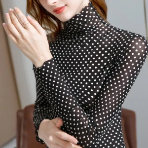 2021 spring and autumn new wave point high neck long sleeve bottoming shirt wood ears vintage ladies blouses women