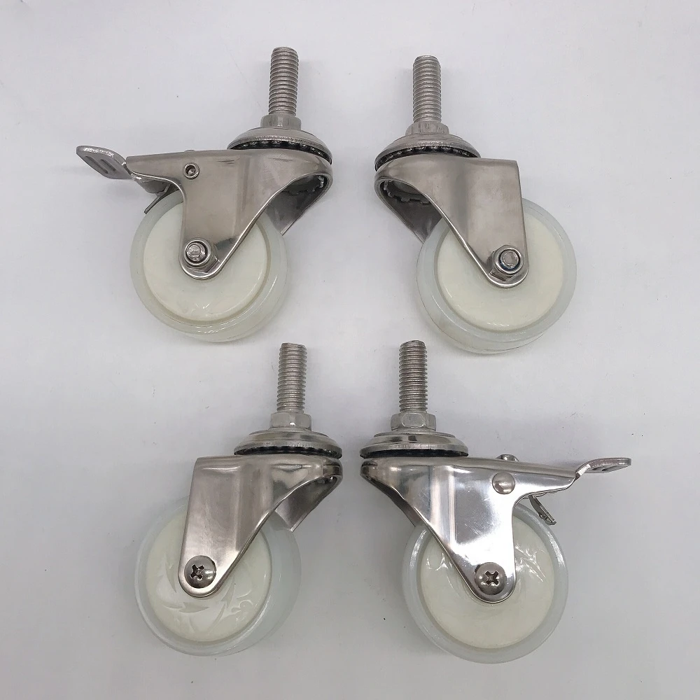 304 Stainless Steel 1.5 inch 2 inch Small Threaded stem Universal Nylon Wheel Caster with Brake