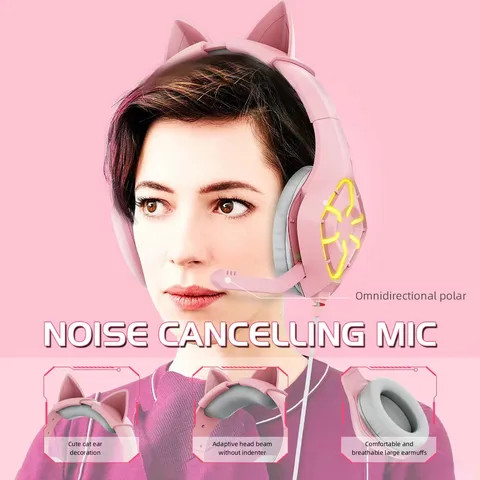 3.5mm jack and USB jack Pink Wired Cute Led Cat Ear gaming Headphone headset For Girls and kids