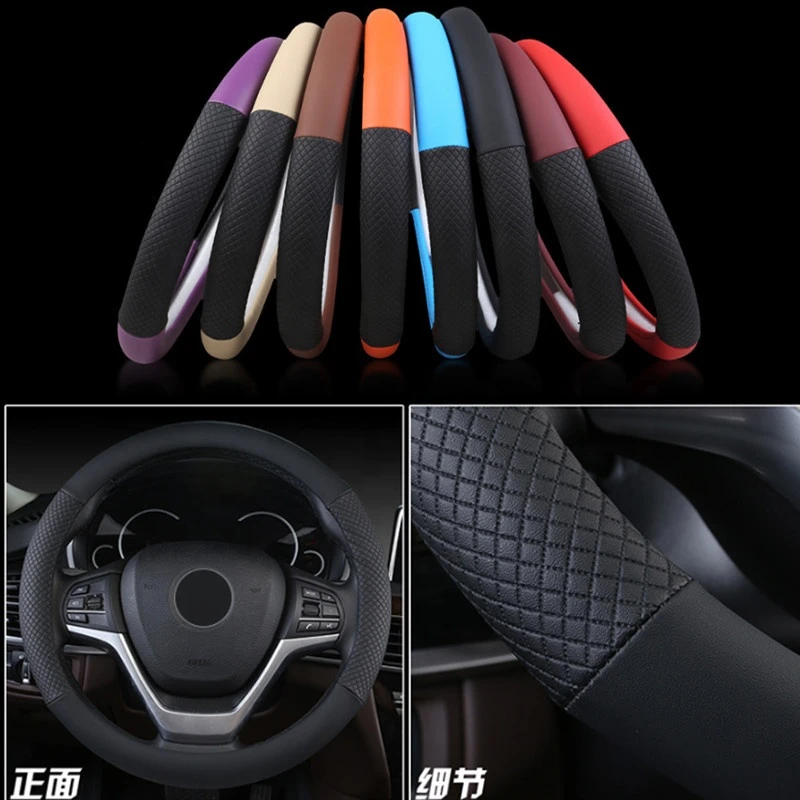 3D Anti-slip Black Grid Design Car Steering Wheel Cover 38CM Microfiber Cortical Color Matching leather