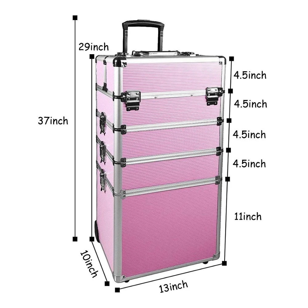 4 in 1 Aluminum Rolling Cosmetic Makeup Train Cases cosmetic aluminum trolley case with 2-wheel 2 Keys
