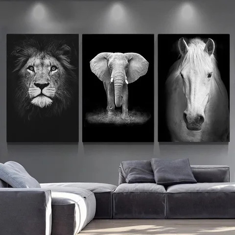 African Black White Animals Horse Elephant on Canvas Cuadros Posters and Prints Scandinavian Wall Art Picture for Living Room