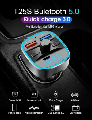 AGETUNR T25S bluetooth5.0 fm transmitter quick charge 3.0 display voltage HD sounds quanlity hands free kit car mp3 player Black