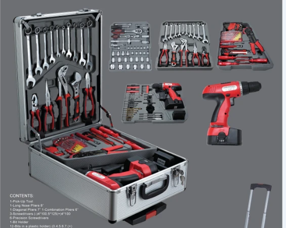 Aluminum tool set box with power drills  tools hardware