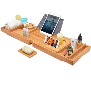 Amazon Hot Selling Bamboo tub Caddy with Wine Glass Holder - Adjustable Book Stand with Waterproof Cloth