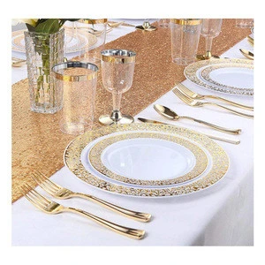 Amazon supplier Wedding Party Rose Gold Rim Dinner Plate Knife Fork Spoon Cup Fancy Disposable tableware Plastic Dinnerware
