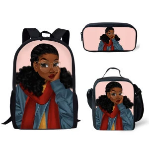 Art Black Girls Print School Bags Set Bookbags for Teenage Boys 3pcs/set Primary Backpack with Lunch Box Pencil Bags