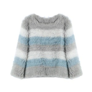 Autumn Winter Fashion Warm O-Neck Rabbit Fur Knitted Sweater Tops Women Casual Striped Pullover Coat Outwear