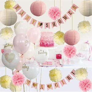 Baby Shower Decorations For Girl Party Supplies Kit Set with Banners Balloons Pom Poms and Lanterns White Pink Gold