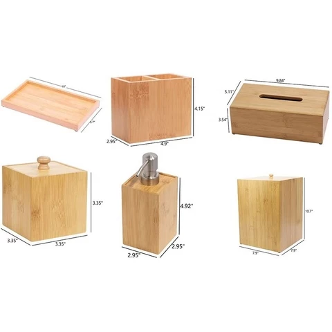 Bamboo Bathroom Accessory Set with Soap Dispenser, Cotton Ball Box, Toothbrush Holder