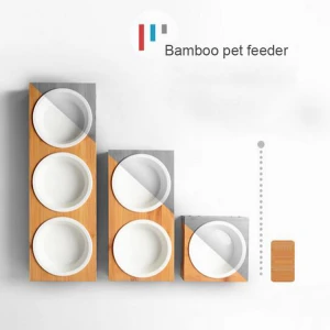 Bamboo tray pet feeder with ceramic bowl for cat and dog