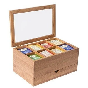 Bamboo wooden Big Chest in Natural Color with a Clear Acrylic Lid Tea bag Box and Condiment Storage Drawer for Sugar and Spoons