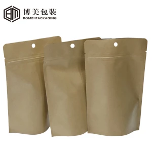 Biogegradable customized printing stand up ziplock pouch brown color kraft paper sachet bolsa de pape kraft para alimentos